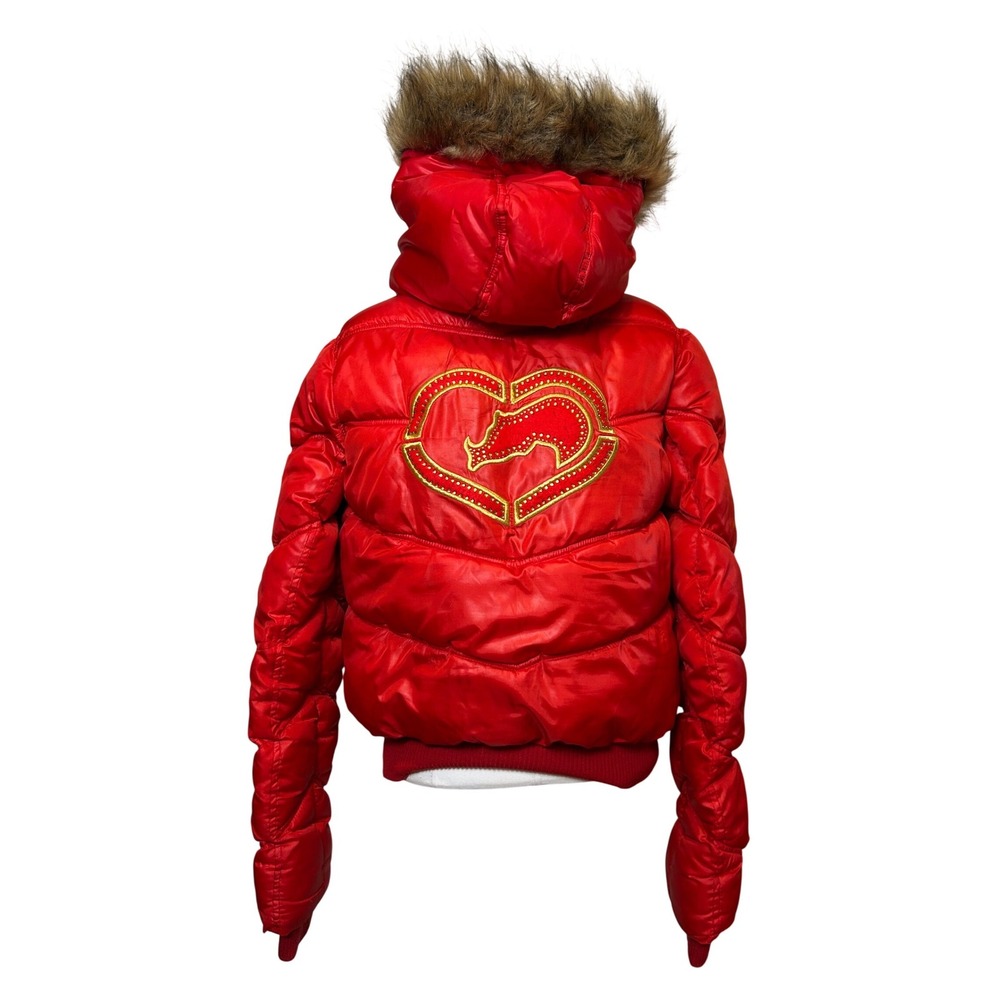 RARE Y2K Ecko‎ Red Women's Shiny Red Puffer Jacket Fur Trim Hood Bling Medium